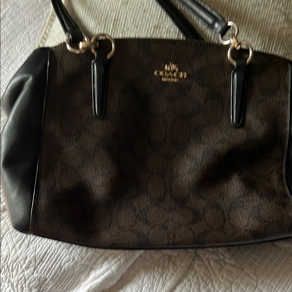 Coach Brown and Black Shoulder Bag with Gold Hardware
